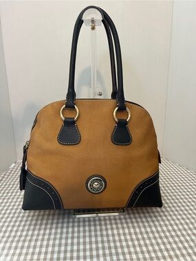 VTG Dooney & Bourke Satchel Bag, Camel Nubuck, Brown Leather, Gold Hardware